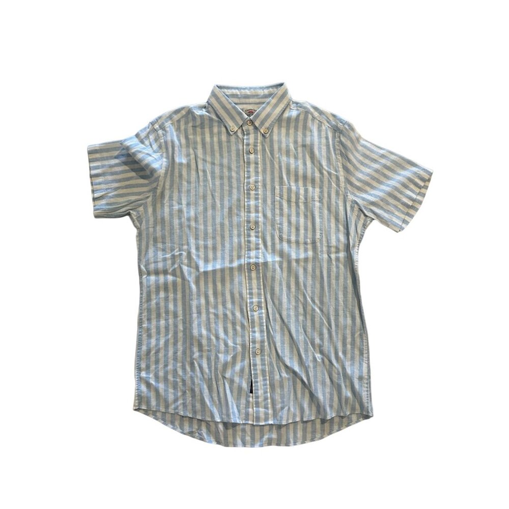 FAHERTY Men’s Linen Blend Blue White Striped Button Down Size M NEW